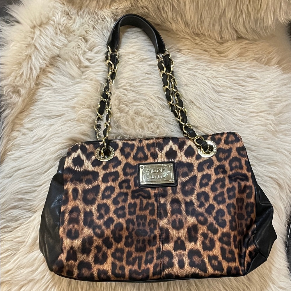 Nicole Miller Leopard Print Shoulder Bag with Black and Gold Accents